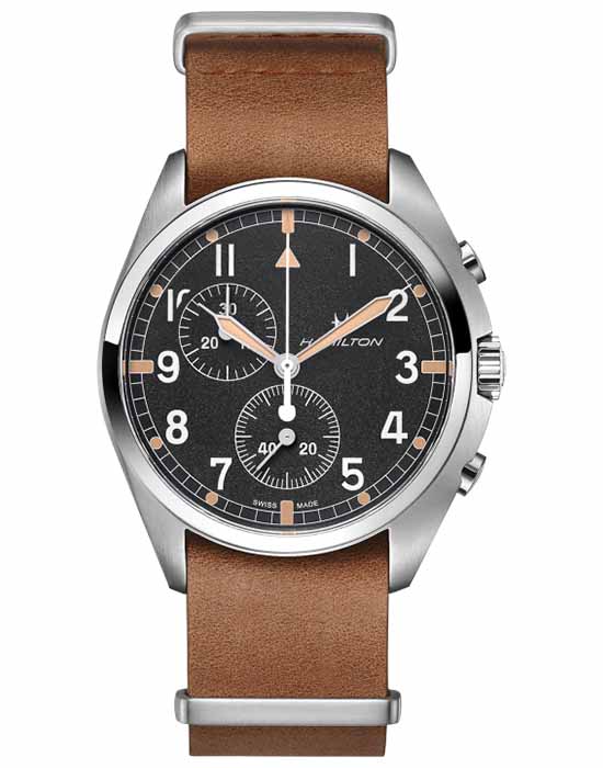 Hamilton Hamilton Khaki Aviation Pilot Pioneer Chrono H76522531  H76522531 кварцевые мужские часы черный циферблат, браслет кожаный — вид спереди