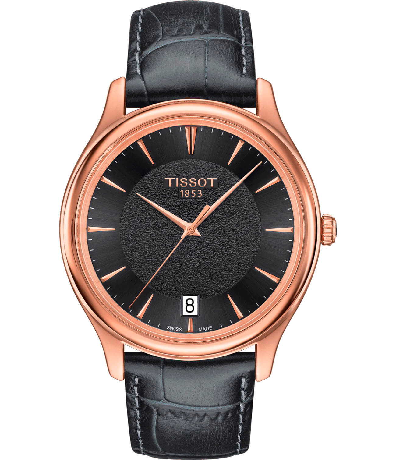 Tissot Tissot Fascination 18K Gold T924.410.76.061.00  T9244107606100 кварцевые мужские часы черный циферблат, браслет кожаный — вид спереди