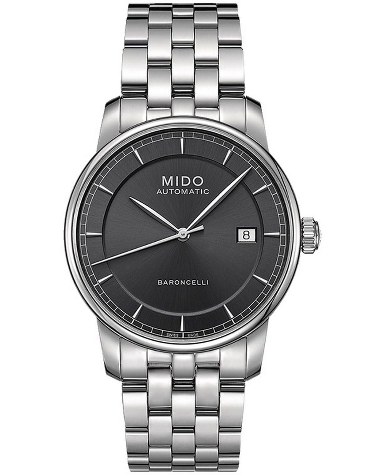 Mido Mido Baroncelli M8600.4.13.1  M86004131 механические мужские часы черный циферблат, браслет нержавеющая сталь — вид спереди