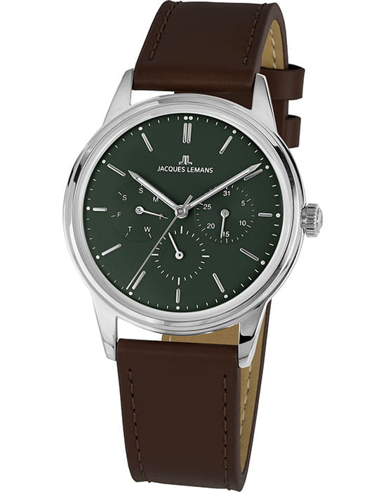 Jacques Lemans Jacques Lemans Retro Classic 1-2061C  1-2061C кварцевые мужские часы зеленый циферблат, браслет кожаный — вид спереди
