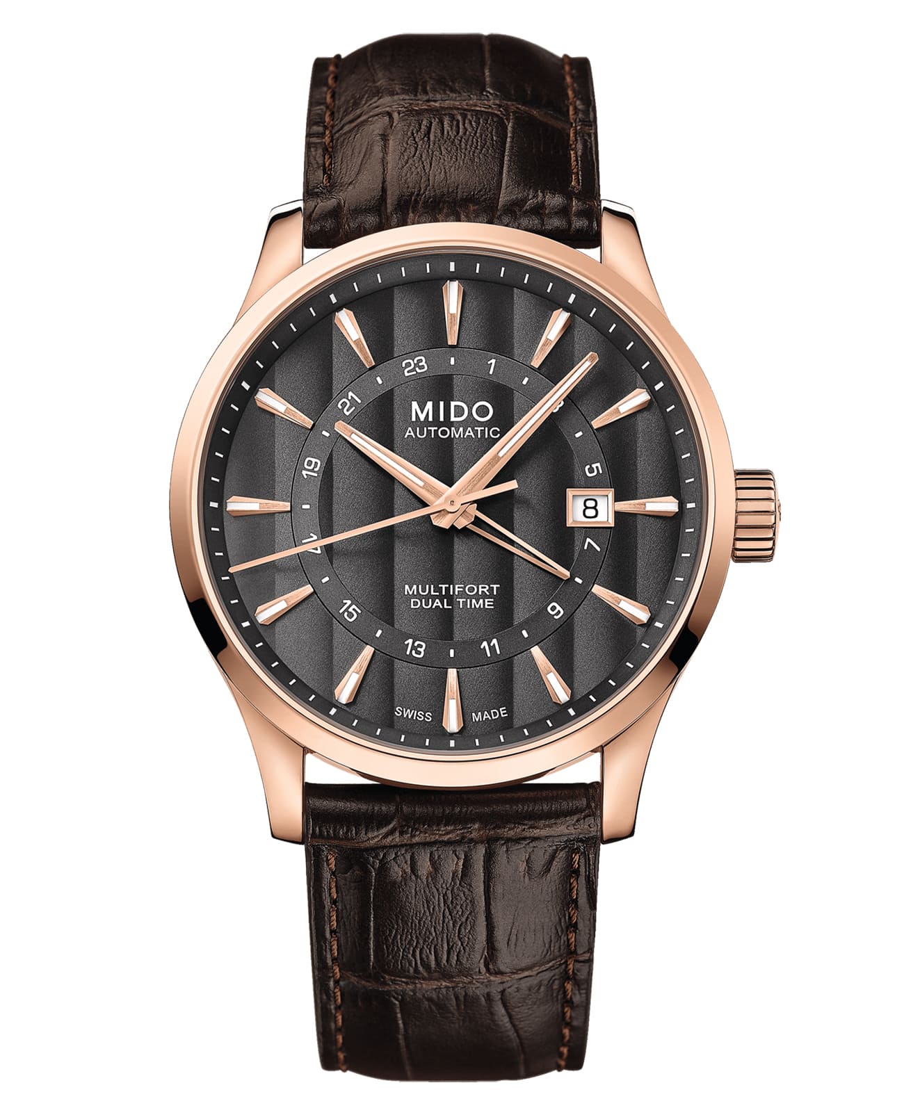 Mido Mido Multifort Dual Time M038.429.36.061.00  M0384293606100 механические мужские часы черный циферблат, браслет кожаный — вид спереди