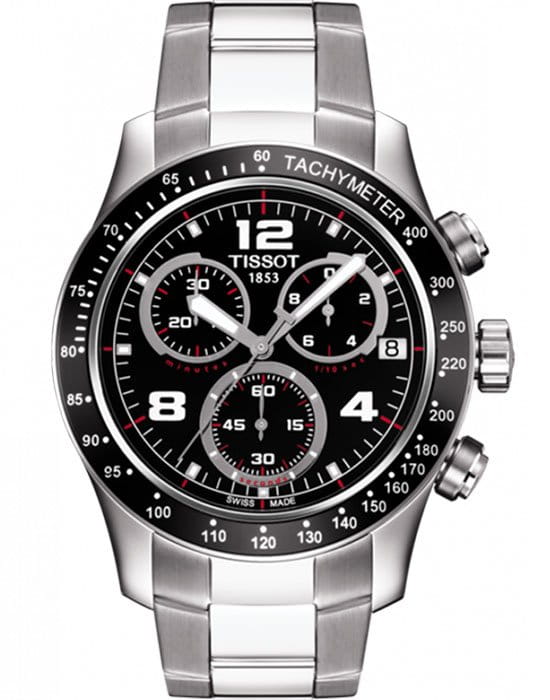 Tissot Tissot V8 Quartz Chronograph T039.417.11.057.02 V8  T0394171105702 кварцевые мужские часы черный циферблат, браслет нержавеющая сталь — вид спереди