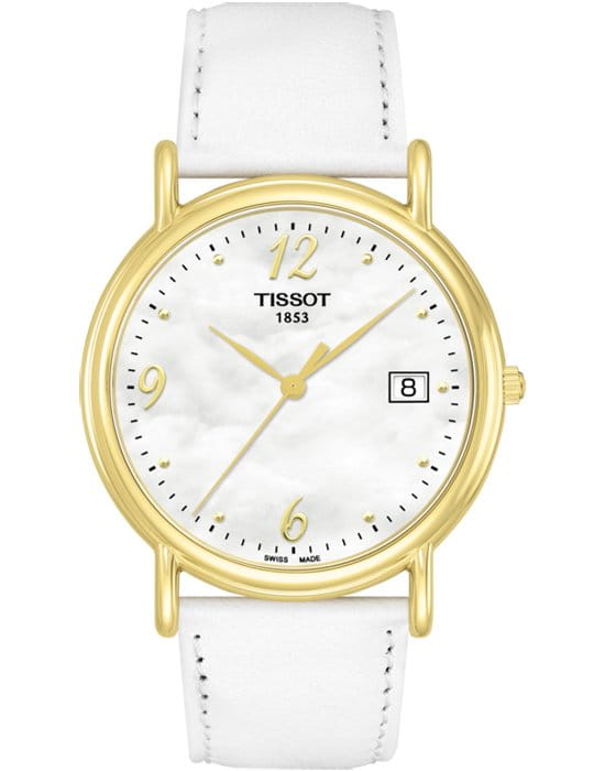 Tissot Tissot Carson Lady 18K Gold T71.3.429.74 Carson T71342974 кварцевые женские часы белый циферблат, браслет кожаный — вид спереди