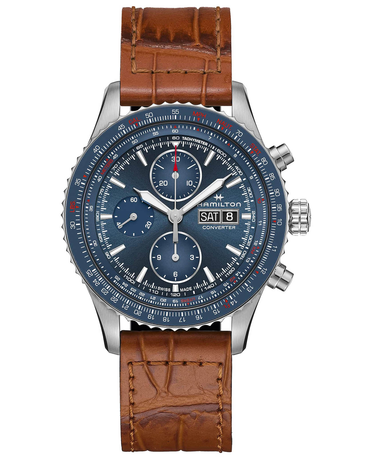 Hamilton Hamilton Khaki Aviation Converter Auto Chrono H76746540  H76746540 механические мужские часы синий циферблат, браслет кожаный — вид спереди