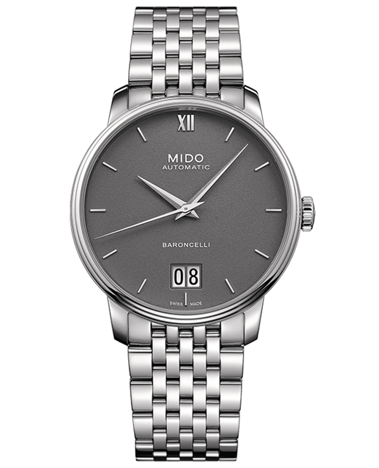 Mido Mido Baroncelli Big Date M027.426.11.088.00  M0274261108800 механические мужские часы серый циферблат, браслет нержавеющая сталь — вид спереди