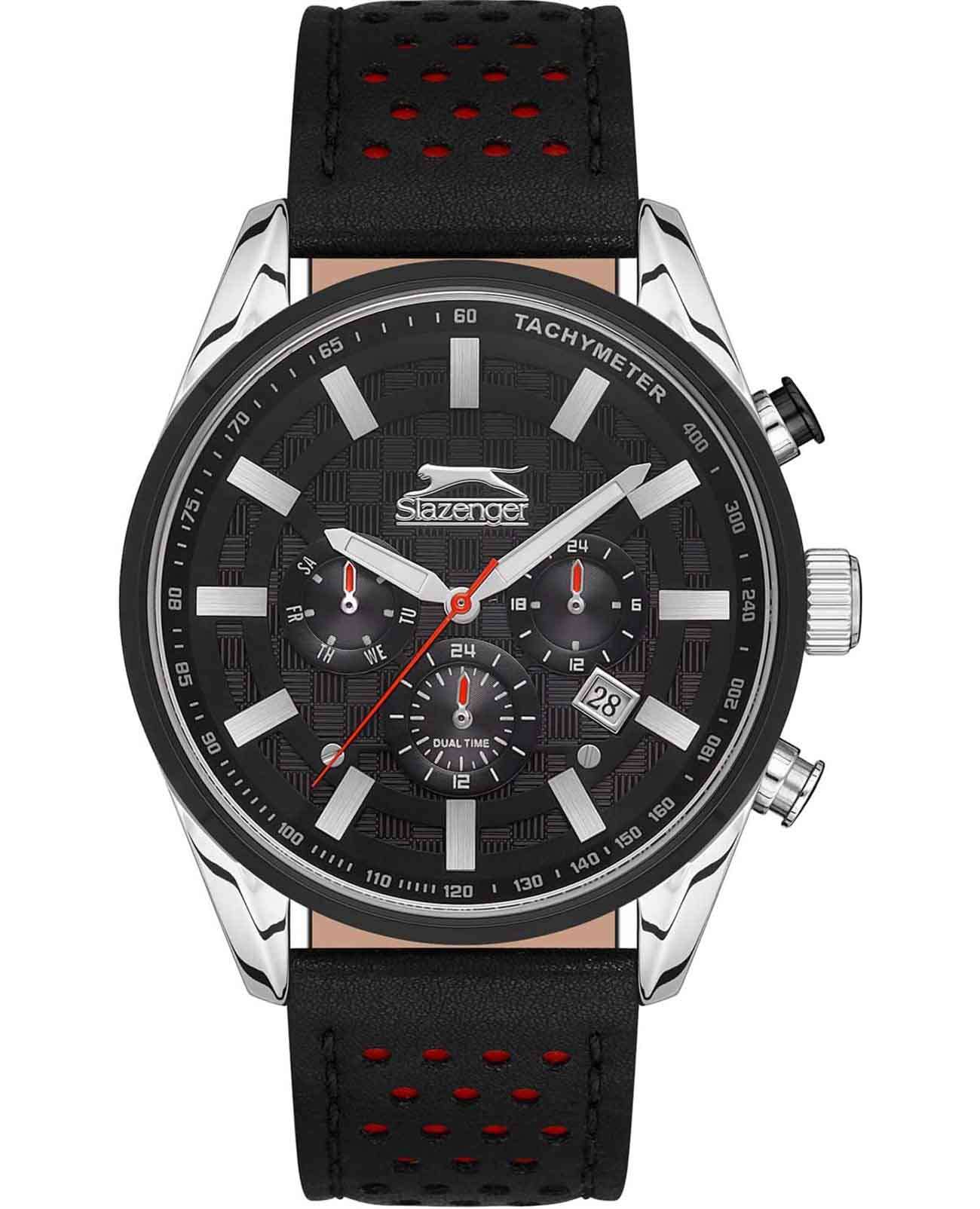 Slazenger Slazenger SL.09.2096.2.03  SL.09.2096.2.03 кварцевые мужские часы черный циферблат, браслет кожаный — вид спереди