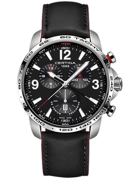 Certina Certina DS Podium Chronograph 1/100 sec C001.647.16.057.01  C0016471605701 кварцевые мужские часы черный циферблат, браслет кожаный — вид спереди