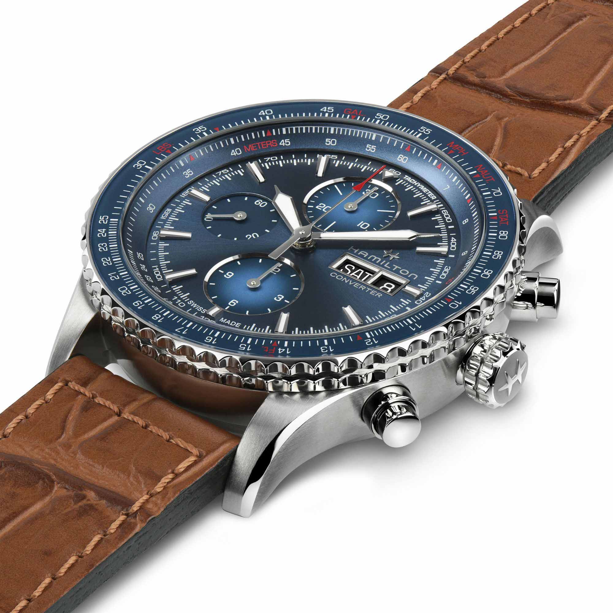 Hamilton Hamilton Khaki Aviation Converter Auto Chrono H76746540, khaki aviation швейцария мужские часы на браслете кожаный боковой вид