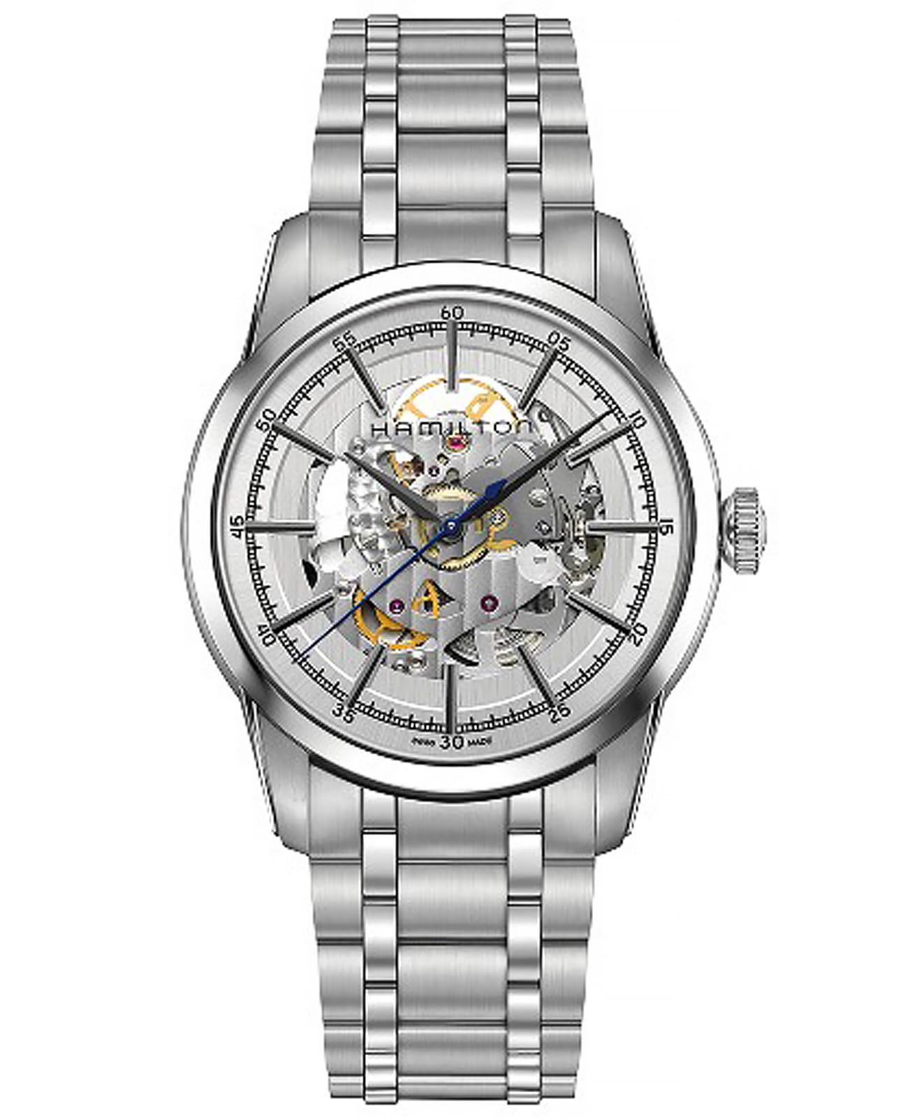 Hamilton Hamilton American Classic RailRoad Skeleton Auto H40655151  H40655151 механические мужские часы белый циферблат, браслет нержавеющая сталь — вид спереди