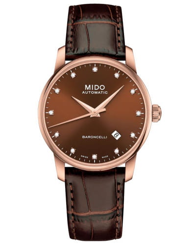 Mido Mido Baroncelli M8600.3.64.8  M86003648 механические мужские часы коричневый циферблат, браслет кожаный — вид спереди