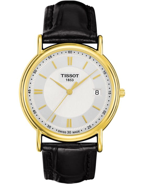 Tissot Tissot Carson Lady 18K Gold T71.3.429.61 Carson T71342961 кварцевые женские часы белый циферблат, браслет кожаный — вид спереди