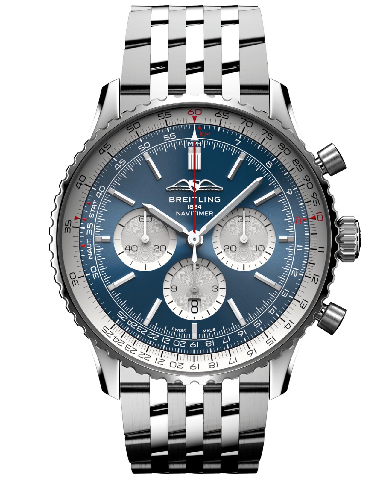 Breitling Breitling Navitimer B01 Chronograph 46 AB0137211C1A1  AB0137211C1A1 механические мужские часы синий циферблат, браслет нержавеющая сталь — вид спереди