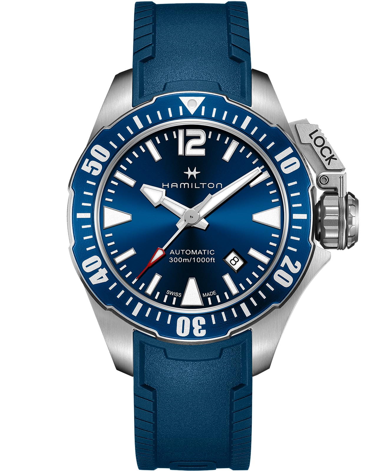 Hamilton Hamilton Khaki Navy Frogman Auto H77705345  H77705345 механические мужские часы синий циферблат, браслет каучук — вид спереди