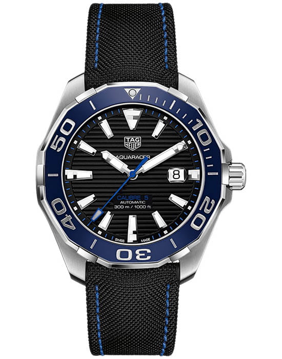 TAG Heuer TAG Heuer Aquaracer WAY201C.FC6395  WAY201C.FC6395 механические мужские часы черный циферблат, браслет тканевый — вид спереди