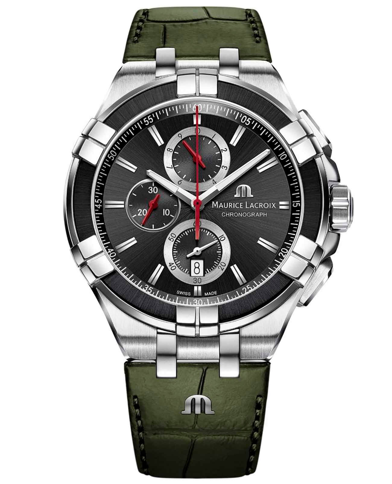 Maurice Lacroix Maurice Lacroix Aikon Chronograph AI1018-PVB21-330-1  AI1018-PVB21-330-1 кварцевые мужские часы черный циферблат, браслет кожаный — вид спереди