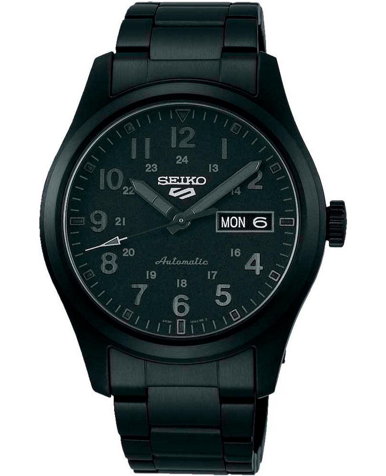Seiko Seiko 5 Sports SRPJ09K1  SRPJ09K1 механические мужские часы черный циферблат, браслет нержавеющая сталь с pvd-покрытием — вид спереди