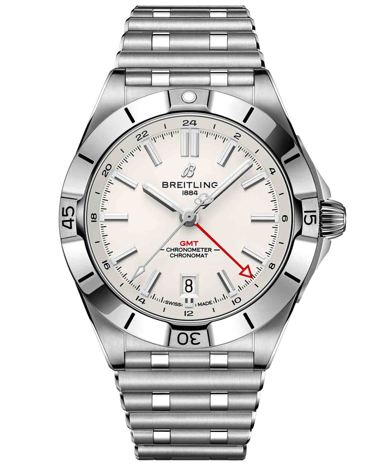 Breitling Breitling Chronomat Automatic GMT 40 A32398101A1A1  A32398101A1A1 механические мужские часы белый циферблат, браслет нержавеющая сталь — вид спереди