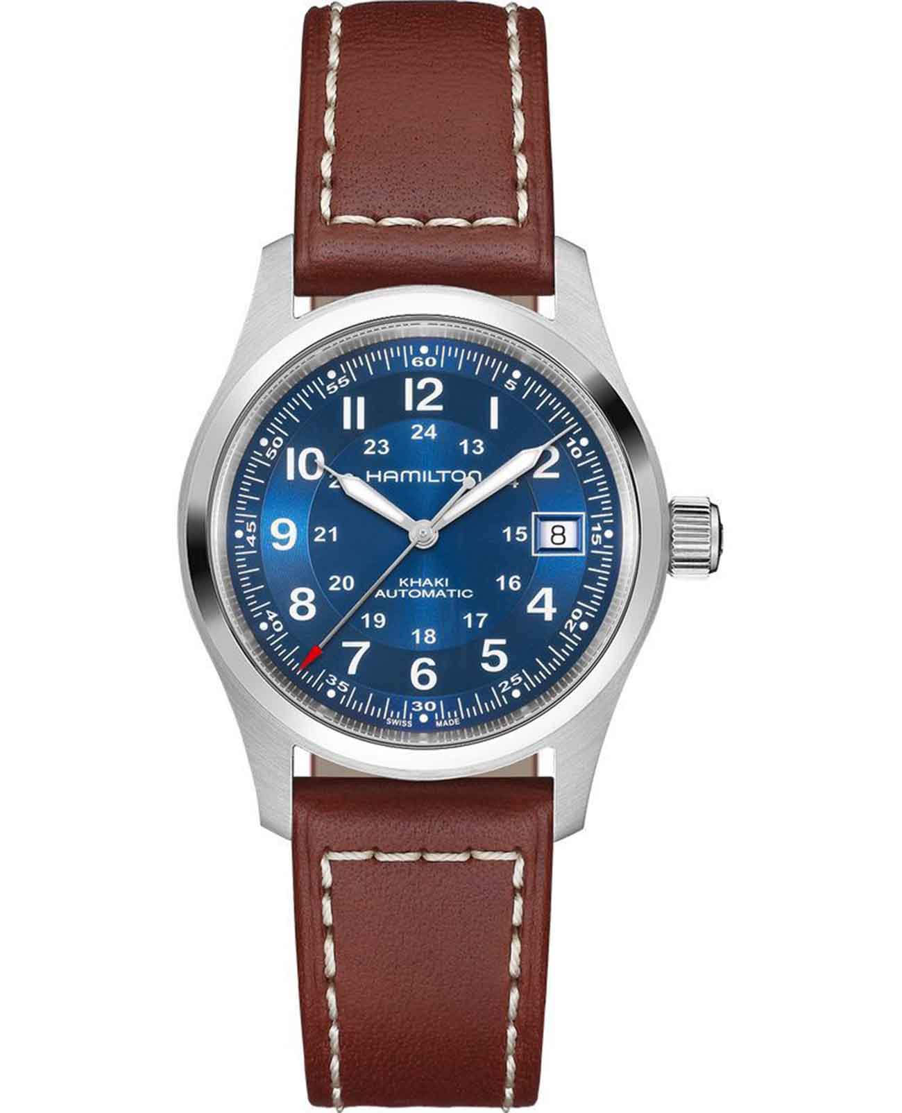 Hamilton Hamilton Khaki Field Auto H70455540  H70455540 механические мужские часы синий циферблат, браслет кожаный — вид спереди