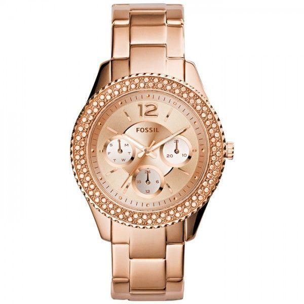 Fossil Fossil Stella  ES3590  ES3590 кварцевые женские часы золотой циферблат, браслет сталь c pvd покрытием — вид спереди