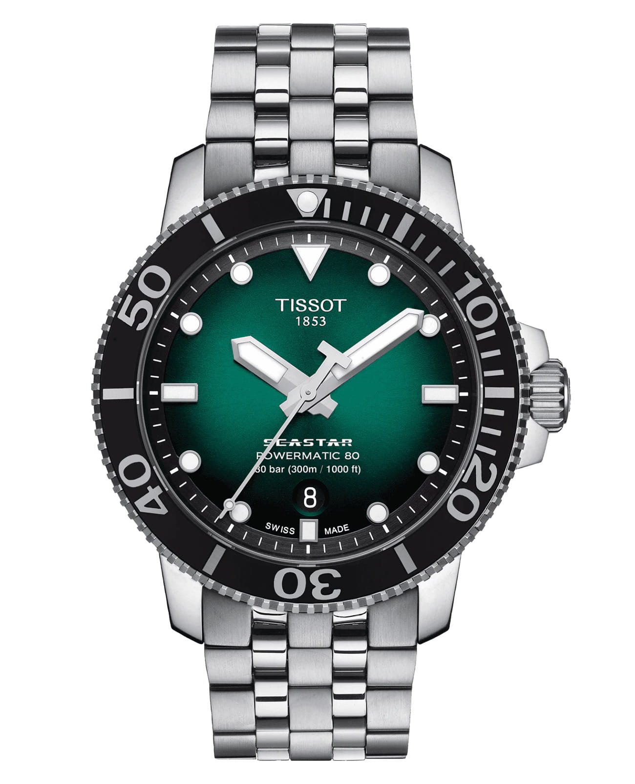 Tissot Tissot Seastar 1000 Powermatic 80 T120.407.11.091.01 Seastar 1000 T1204071109101 механические мужские часы зеленый циферблат, браслет нержавеющая сталь — вид спереди