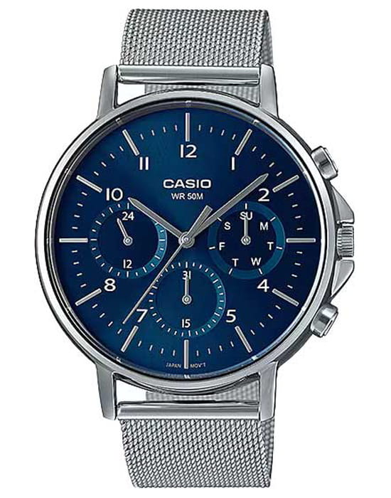 Casio Casio Collection MTP-E321M-2A  MTP-E321M-2A кварцевые мужские часы синий циферблат, браслет нержавеющая сталь — вид спереди