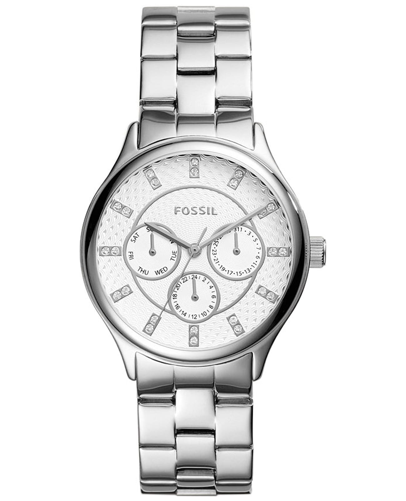 Fossil Fossil Carlie  BQ1560  BQ1560 кварцевые женские часы белый циферблат, браслет нержавеющая сталь — вид спереди
