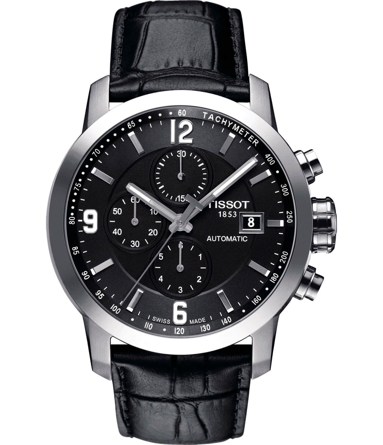Tissot Tissot PRC 200 Automatic Chronograph T055.427.16.057.00 PRC 200 T0554271605700 механические мужские часы черный циферблат, браслет кожаный — вид спереди