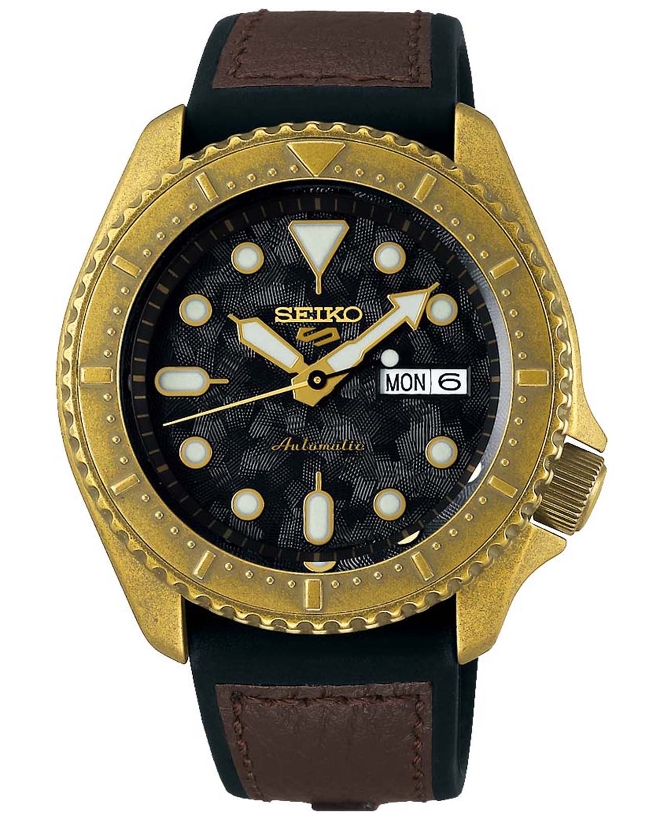 Seiko Seiko 5 Sports SRPE80K1S  SRPE80K1S механические мужские часы антрацитовый циферблат, браслет кожа + нейлон — вид спереди