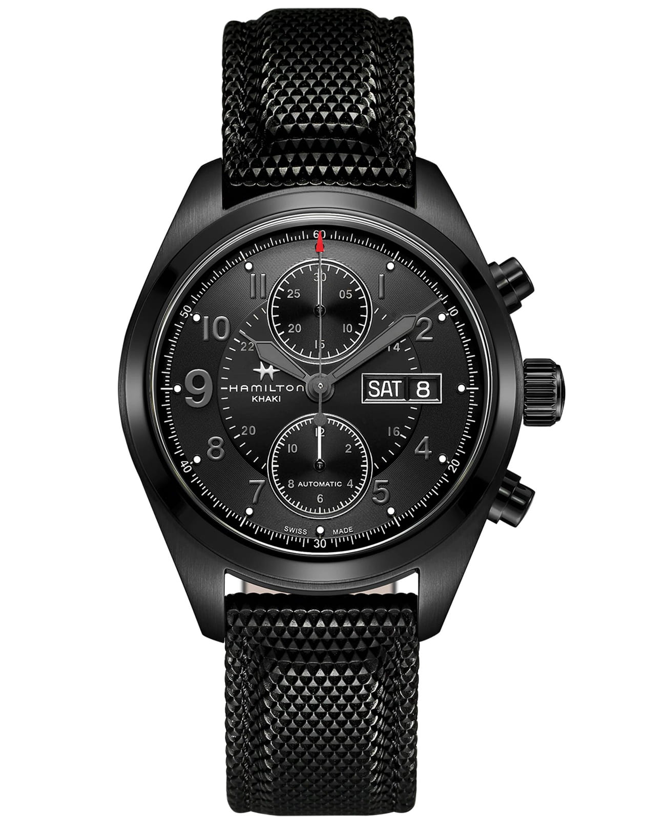 Hamilton Hamilton Khaki Field Auto Chrono H71626735  H71626735 механические мужские часы черный циферблат, браслет каучук — вид спереди
