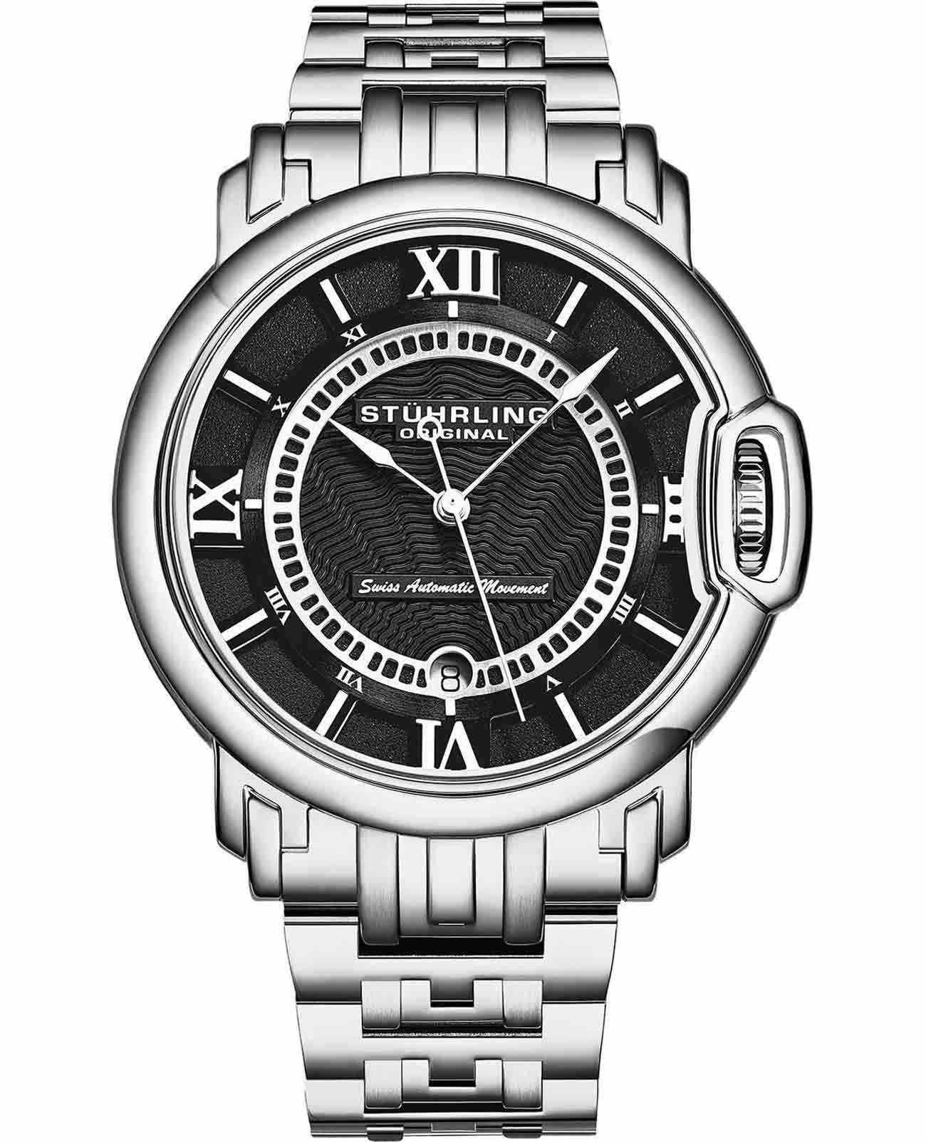 Stuhrling Stuhrling Heritage Depthmaster 1001.03  1001.03 механические мужские часы черный циферблат, браслет нержавеющая сталь — вид спереди