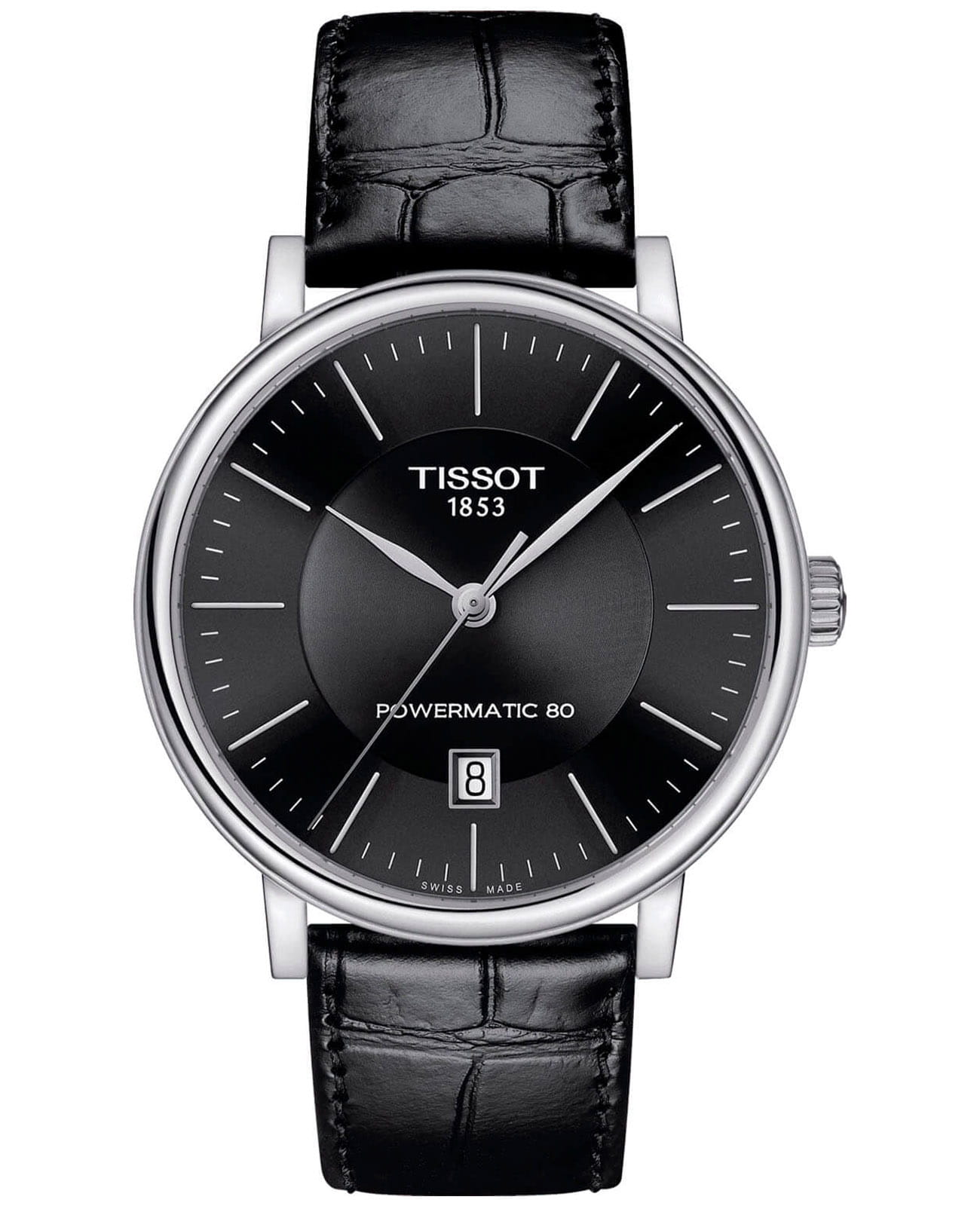 Tissot Tissot Carson Powermatic 80 T122.407.16.051.00 Carson T1224071605100 механические мужские часы черный циферблат, браслет кожаный — вид спереди