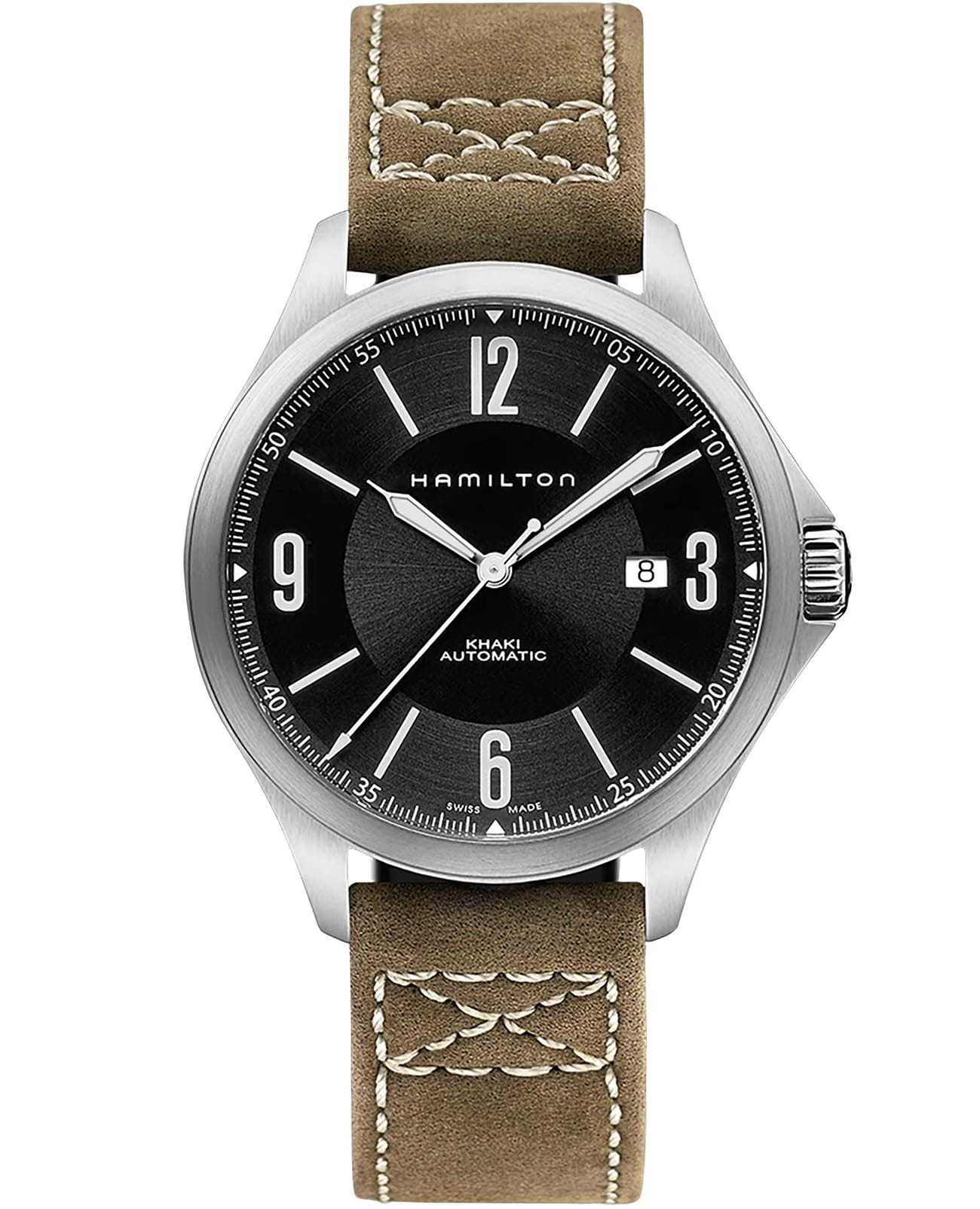 Hamilton Hamilton Khaki Aviation Auto H76665835  H76665835 механические мужские часы черный циферблат, браслет кожаный — вид спереди