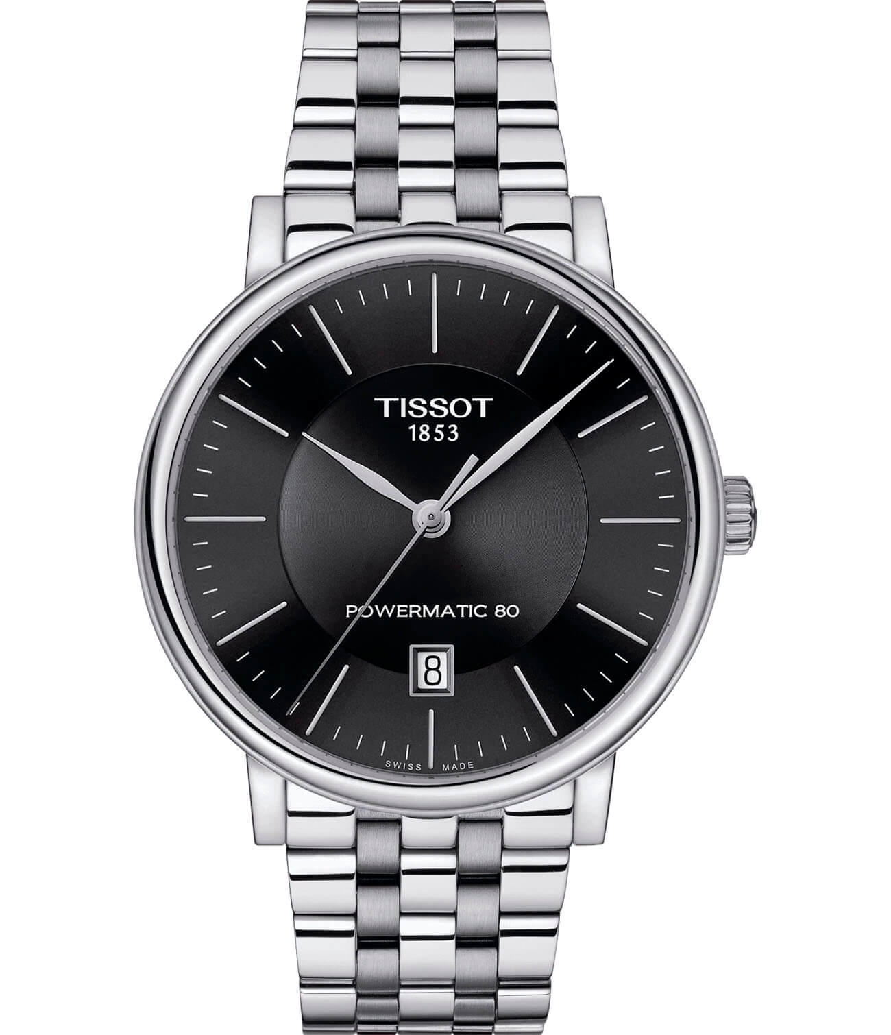 Tissot Tissot Carson Powermatic 80 T122.407.11.051.00 Carson T1224071105100 механические мужские часы черный циферблат, браслет нержавеющая сталь — вид спереди