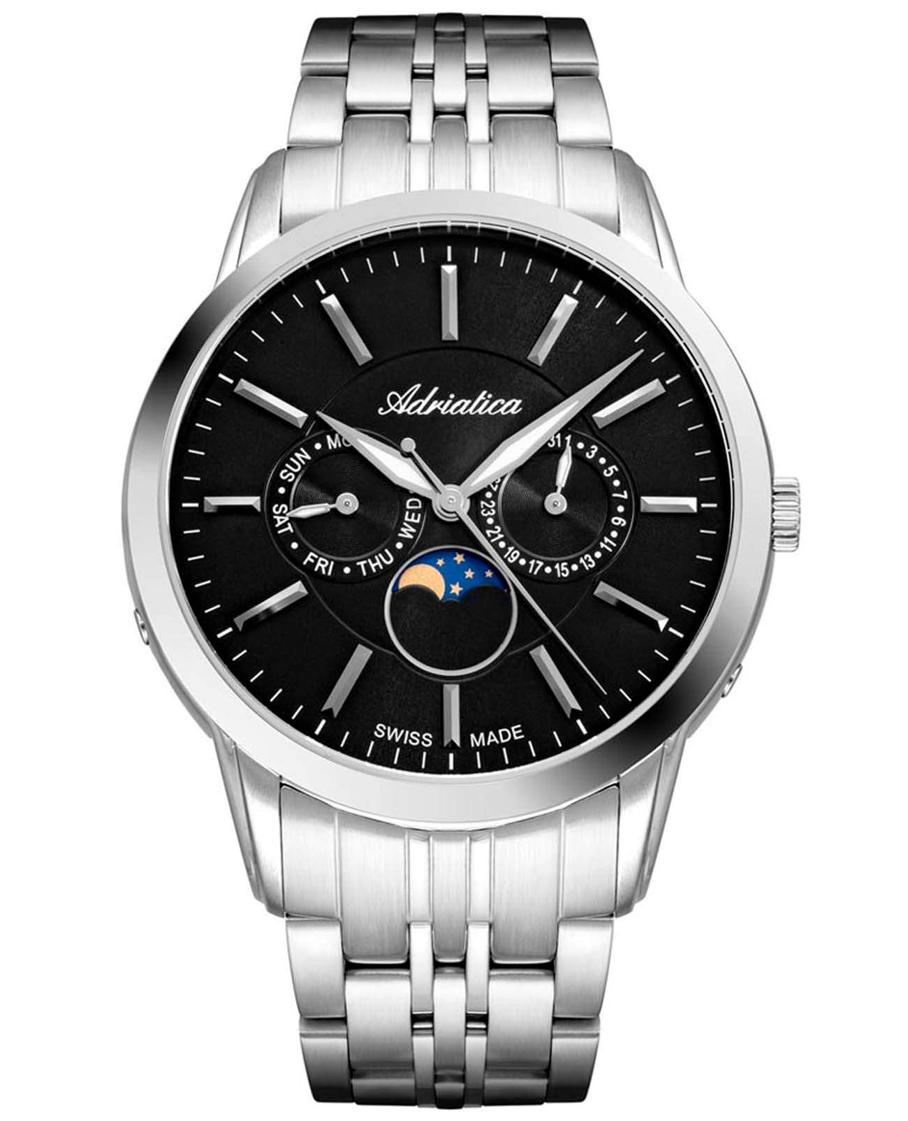 Adriatica Adriatica Moonphase A8306.5114QF  A8306.5114QF кварцевые мужские часы черный циферблат, браслет нержавеющая сталь — вид спереди
