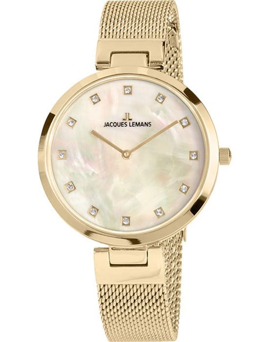 Jacques Lemans Jacques Lemans 1-2001D  1-2001D кварцевые женские часы перламутровый циферблат, браслет сталь с ip покрытием — вид спереди