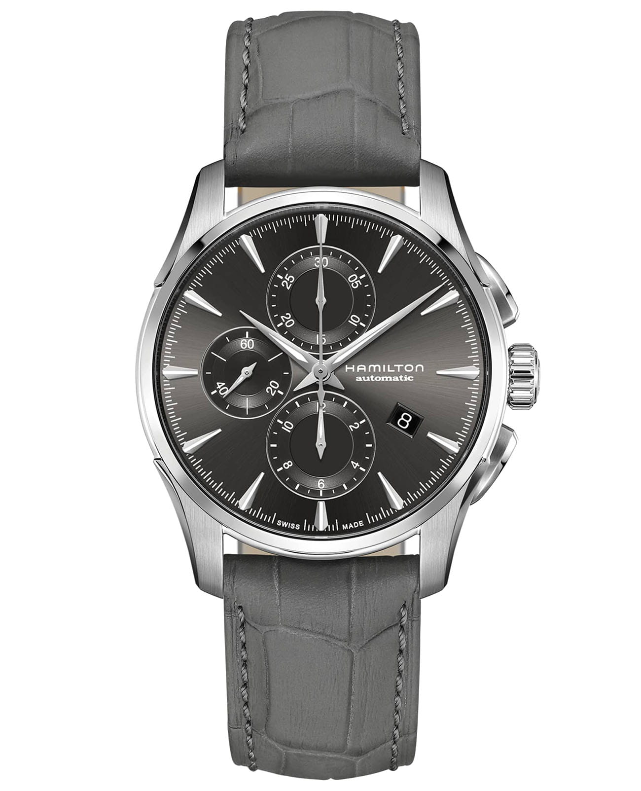 Hamilton Hamilton Jazzmaster Auto Chrono H32586881  H32586881 механические мужские часы серый циферблат, браслет кожаный — вид спереди
