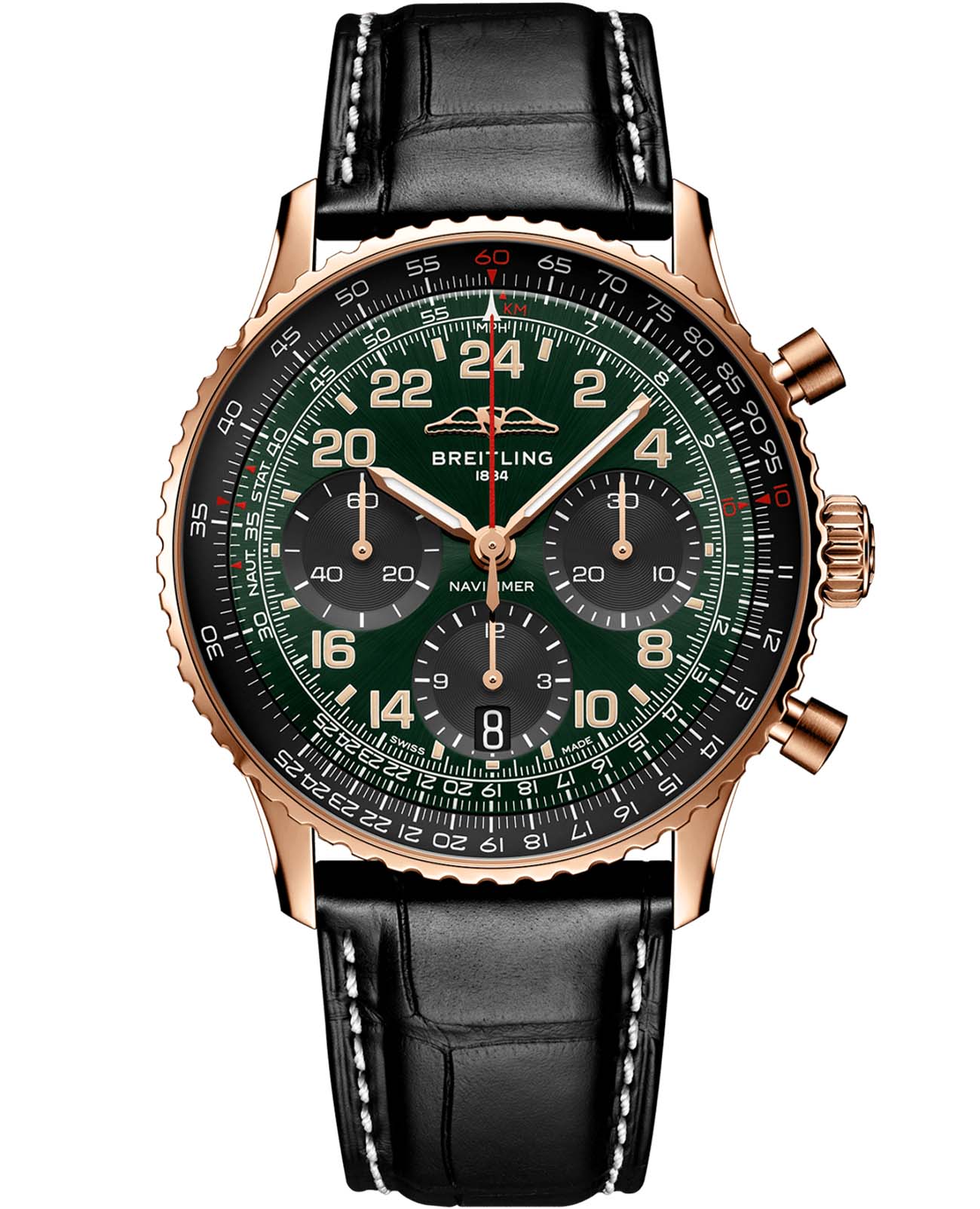 Breitling Breitling Navitimer B12 Chronograph 41 Cosmonaute RB12302A1L1P1  RB12302A1L1P1 механические мужские часы зеленый циферблат, браслет кожаный — вид спереди