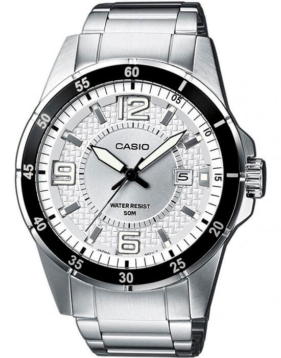 Casio Casio MTP-1291D-7A  MTP-1291D-7A кварцевые мужские часы белый циферблат, браслет нержавеющая сталь — вид спереди