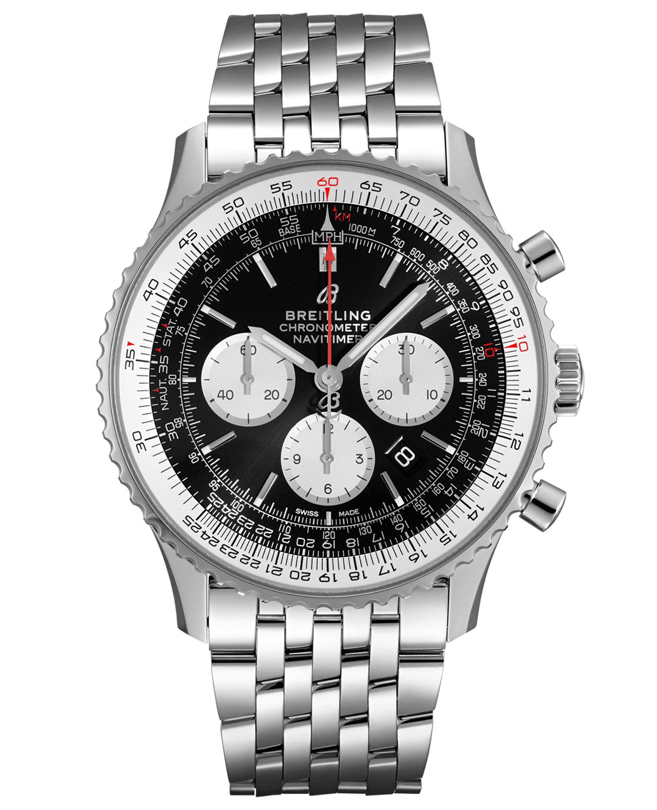 Breitling Breitling Navitimer B01 Chronograph 46 AB0127211B1A1  AB0127211B1A1 механические мужские часы  циферблат, браслет нержавеющая сталь — вид спереди