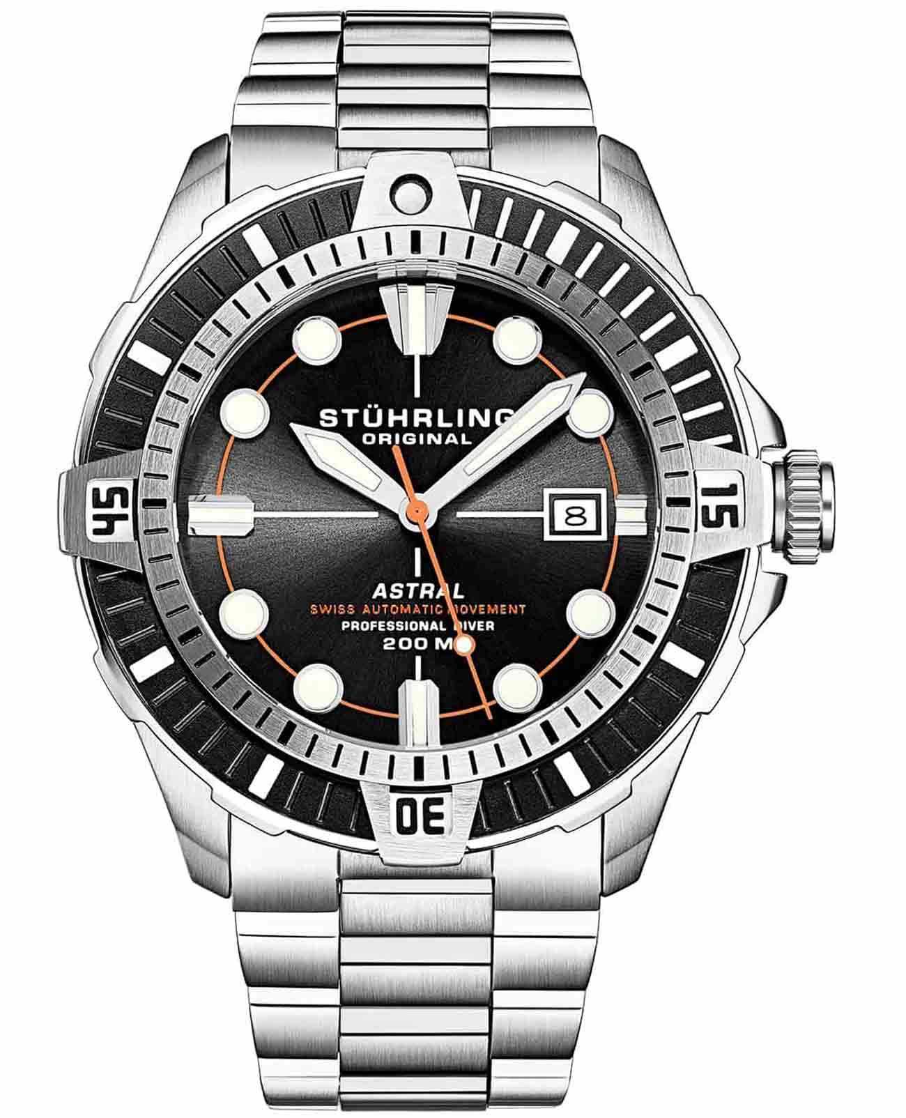Stuhrling Stuhrling Aquadiver 1005.02  1005.02 механические мужские часы черный циферблат, браслет нержавеющая сталь — вид спереди
