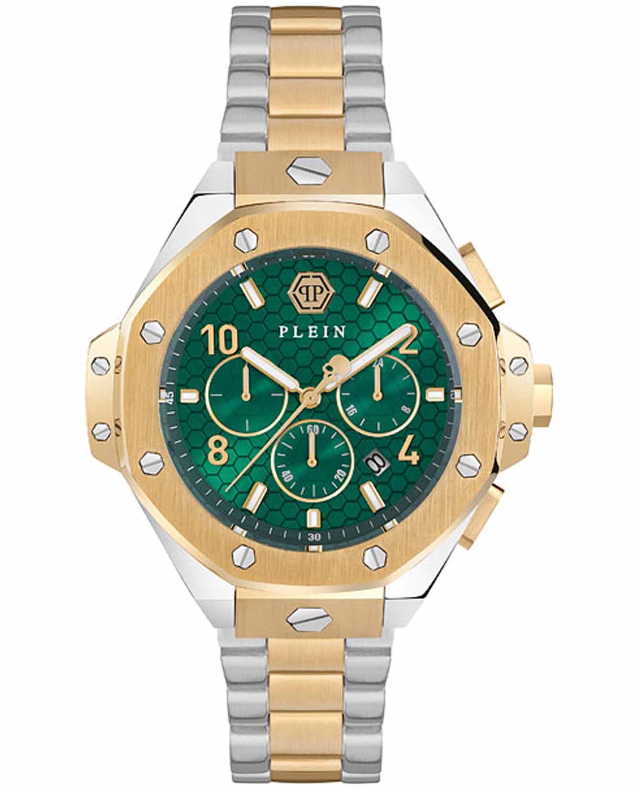 Philipp Plein Philipp Plein Plein Chrono Royal 46 MM PWPRA0324  PWPRA0324 кварцевые мужские часы зеленый циферблат, браслет нержавеющая сталь с pvd-покрытием — вид спереди