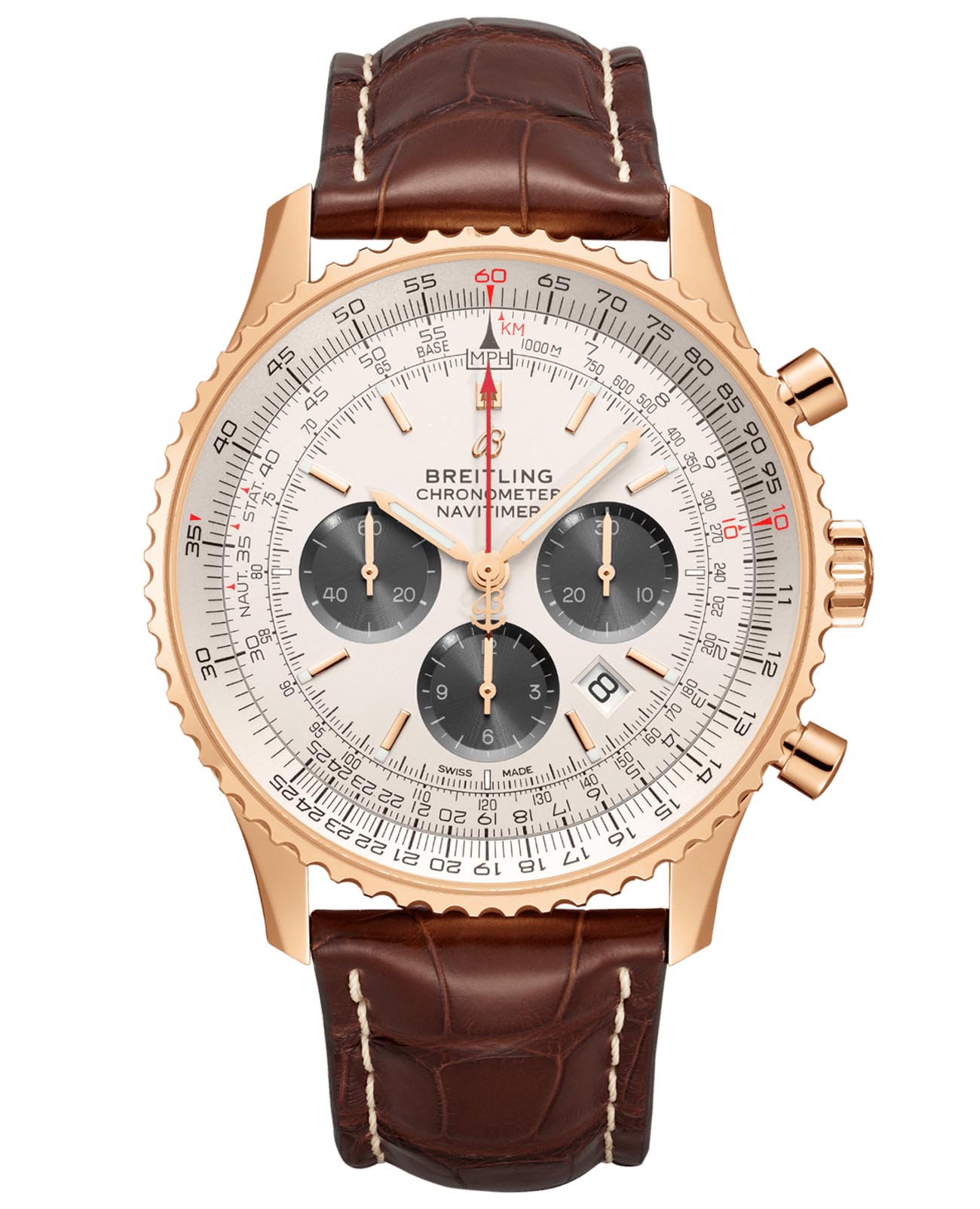 Breitling Breitling Navitimer B01 Chronograph 46 RB0127121G1P1  RB0127121G1P1 механические мужские часы  циферблат, браслет кожаный — вид спереди