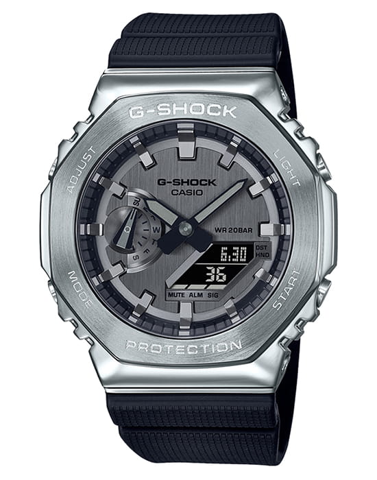 Casio Casio G-Shock GM-2100-1ADR (GM-2100-1A) GM GM-2100-1A электронные мужские часы серебристый циферблат, браслет силикон — вид спереди