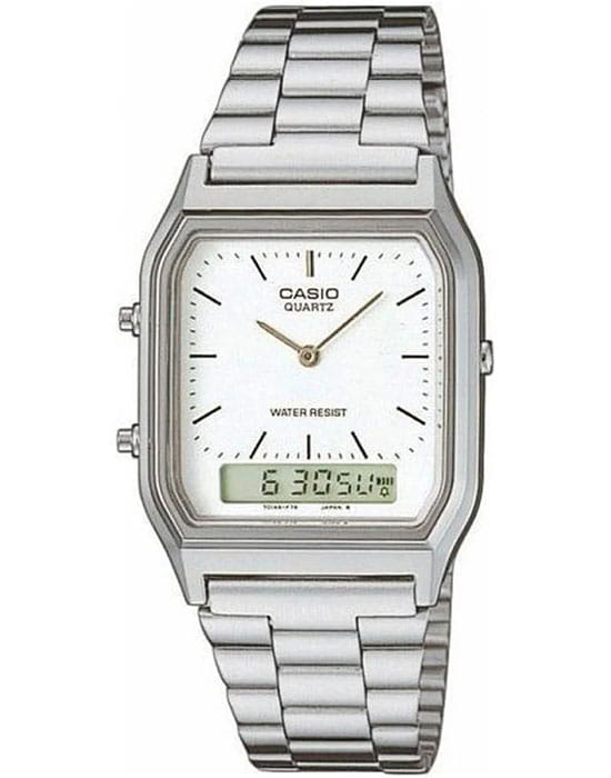 Casio Casio Collection AQ-230A-7DER  AQ-230A-7D кварцевые мужские часы белый циферблат, браслет нержавеющая сталь — вид спереди
