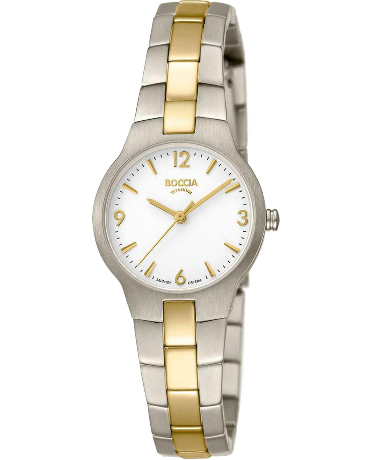 Boccia Titanium Boccia Titanium 3312-02  3312-02 кварцевые женские часы белый циферблат, браслет титановый c pvd покрытием — вид спереди