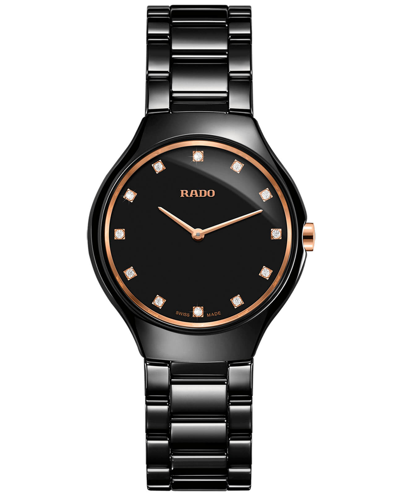 Rado Rado True Thinline Diamonds R27742722  R27742722 кварцевые женские часы черный циферблат, браслет высокотехнологичная керамика — вид спереди