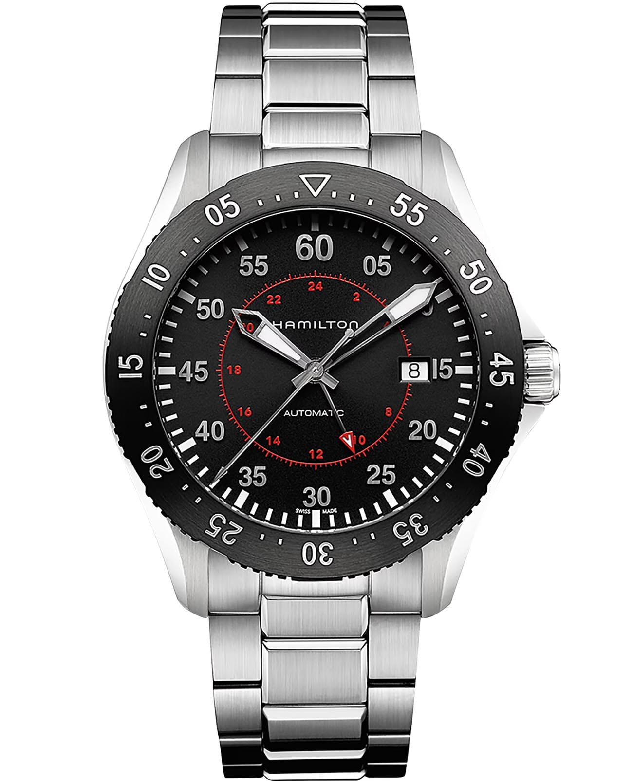 Hamilton Hamilton Khaki Aviation Pilot GMT Auto H76755135  H76755135 механические мужские часы черный циферблат, браслет нержавеющая сталь — вид спереди