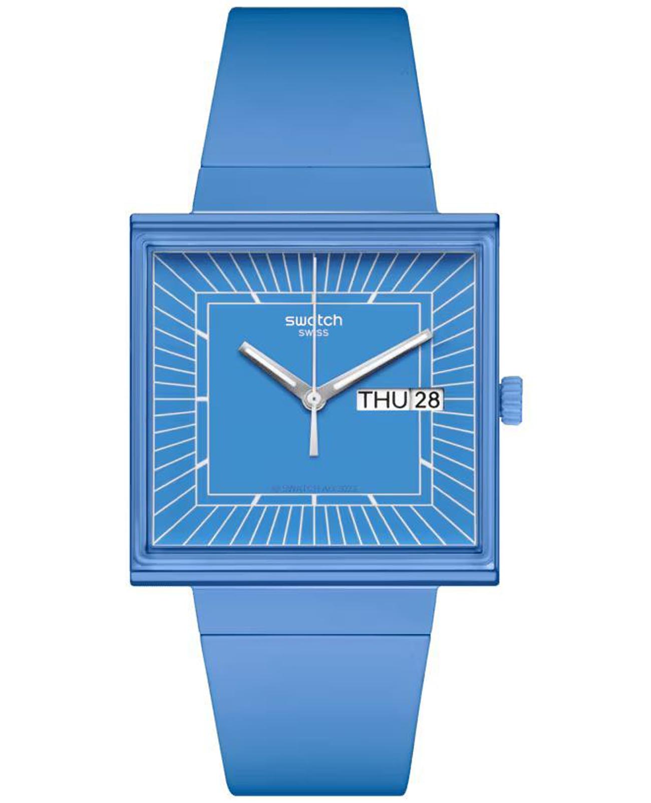 Swatch Swatch Square Bioceramic Standard SO34S700  SO34S700 кварцевые женские часы голубой циферблат, браслет биоматериал — вид спереди