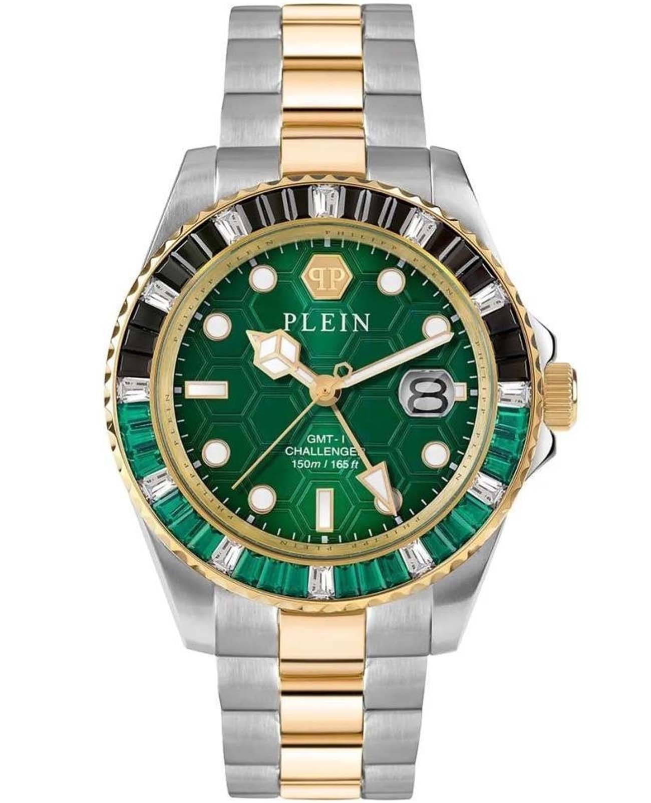 Philipp Plein Philipp Plein GMT-I Challenger  PWPZA0224  PWPZA0224 кварцевые мужские часы зеленый циферблат, браслет сталь с ip покрытием — вид спереди