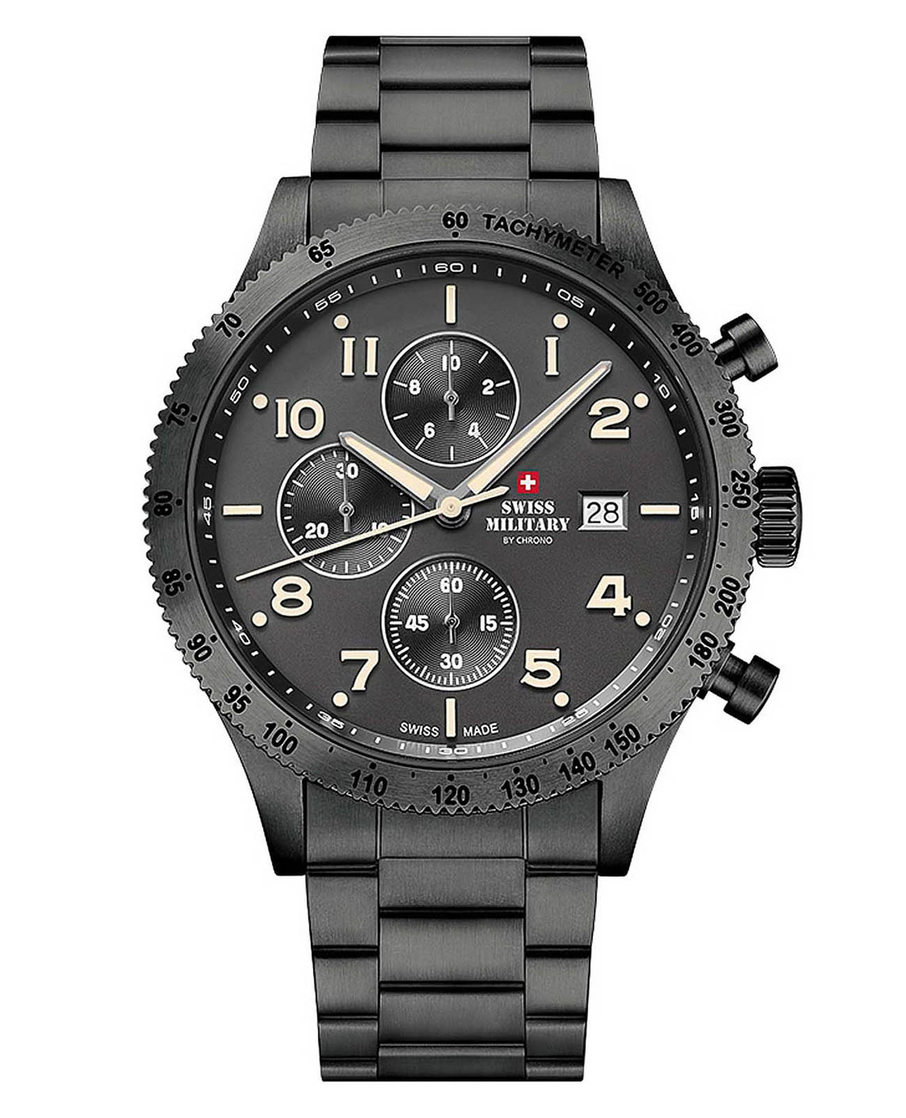 Swiss Military by Chrono Swiss Military by Chrono Sports SM34084.04  SM34084.04 кварцевые мужские часы черный циферблат, браслет нержавеющая сталь с pvd-покрытием — вид спереди